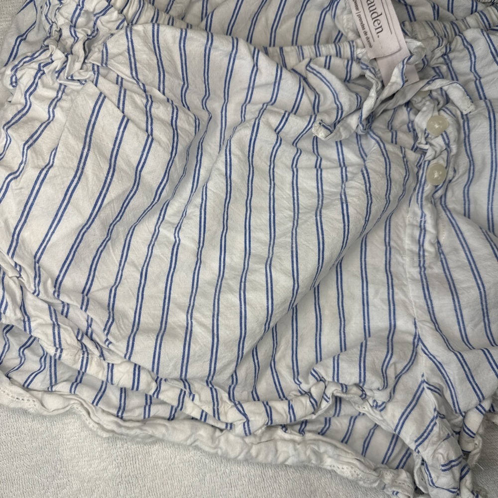 Pajama Shorts Women's Medium White Blue Stripe Ruffle Hem Button Front - Picture 3 of 7